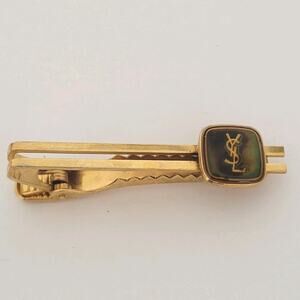 Yves Saint Laurent YSL Gold Tone Tie Clip Bar with Enamel Logo Accent Vintage